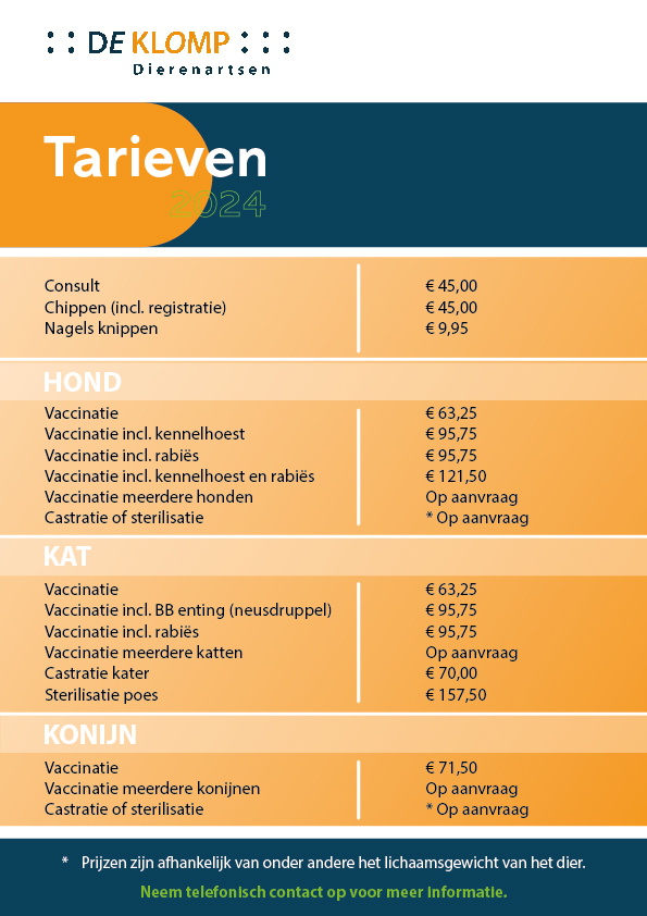 Tarieven De Klomp Dierenartsen